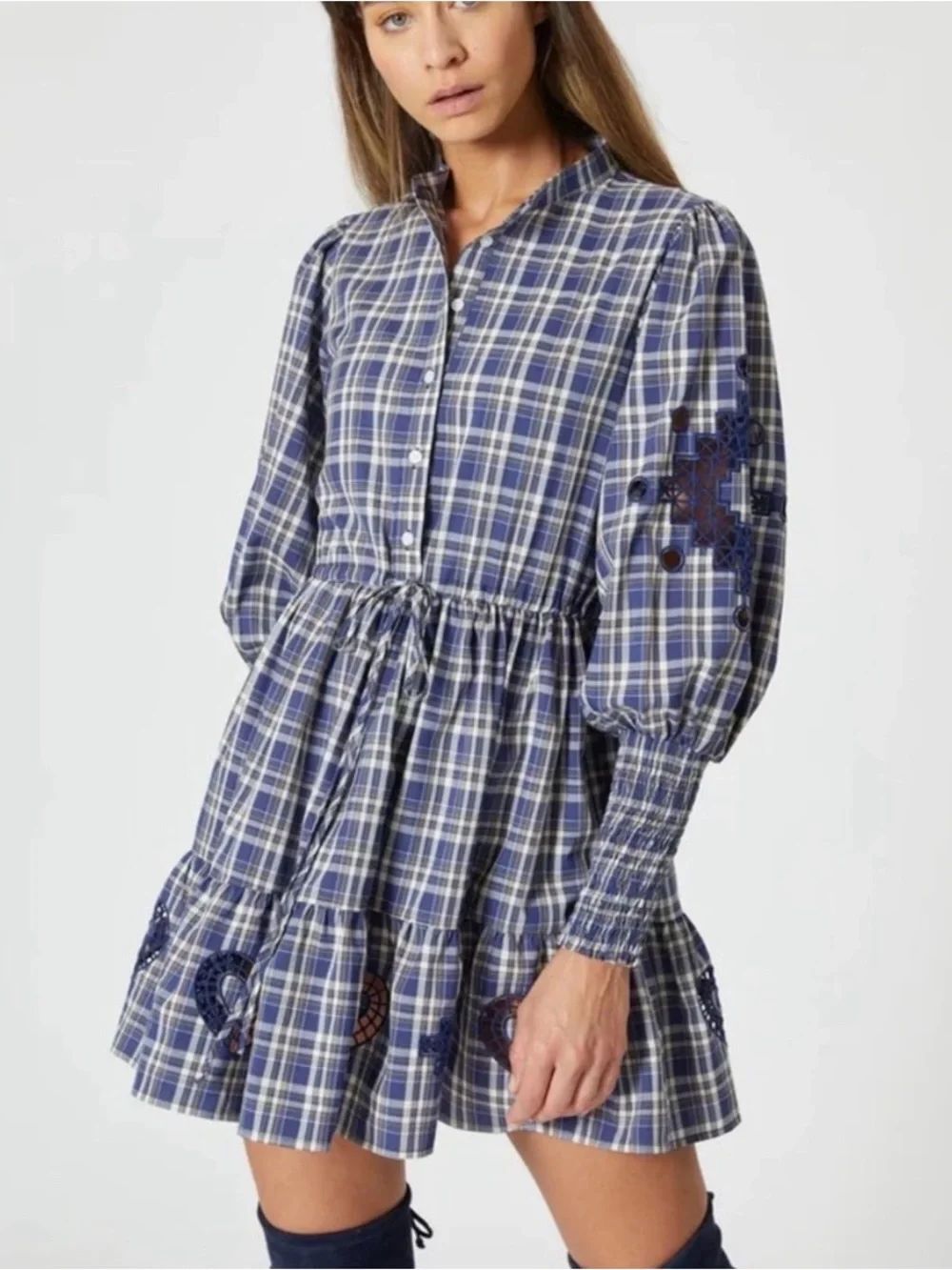 The Shirt “Brooke" Dress in Plaid Navy Long Sleeve Heart Cutouts Smocked Cuff